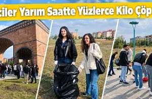 Öğrenciler yarım saatte yüzlerce kilo çöp topladı