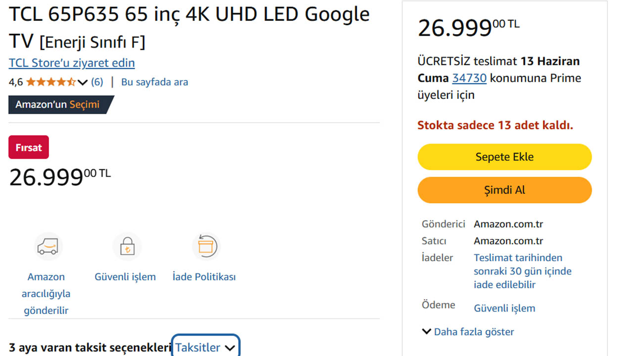 65 inçlik TCL 65P635 4K televizyon fiyatı