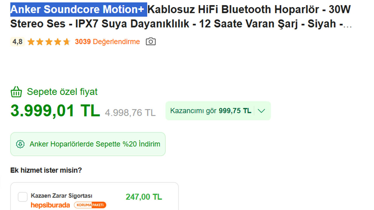 Anker Soundcore Motion+ kablosuz hoparlör fiyatı