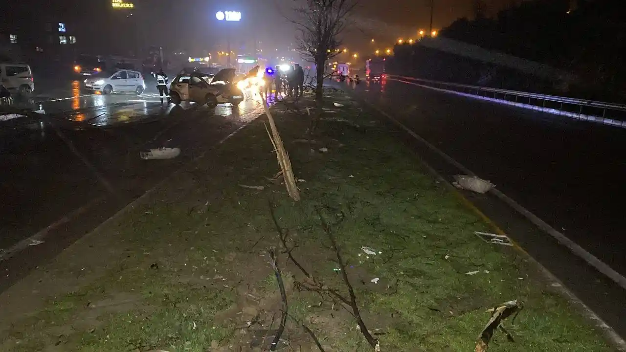 Kocaeli’de otomobil elektrik direği ve ağaçları devirdi: 2 yaralı