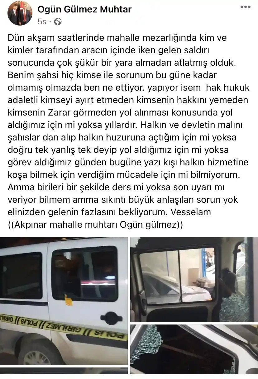 Muhtarın aracına mezarlıkta silahlı saldırı