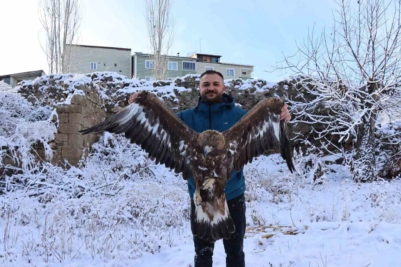 Uçamayan kartalı arabasına alıp tedavi için ilçeye getirdi