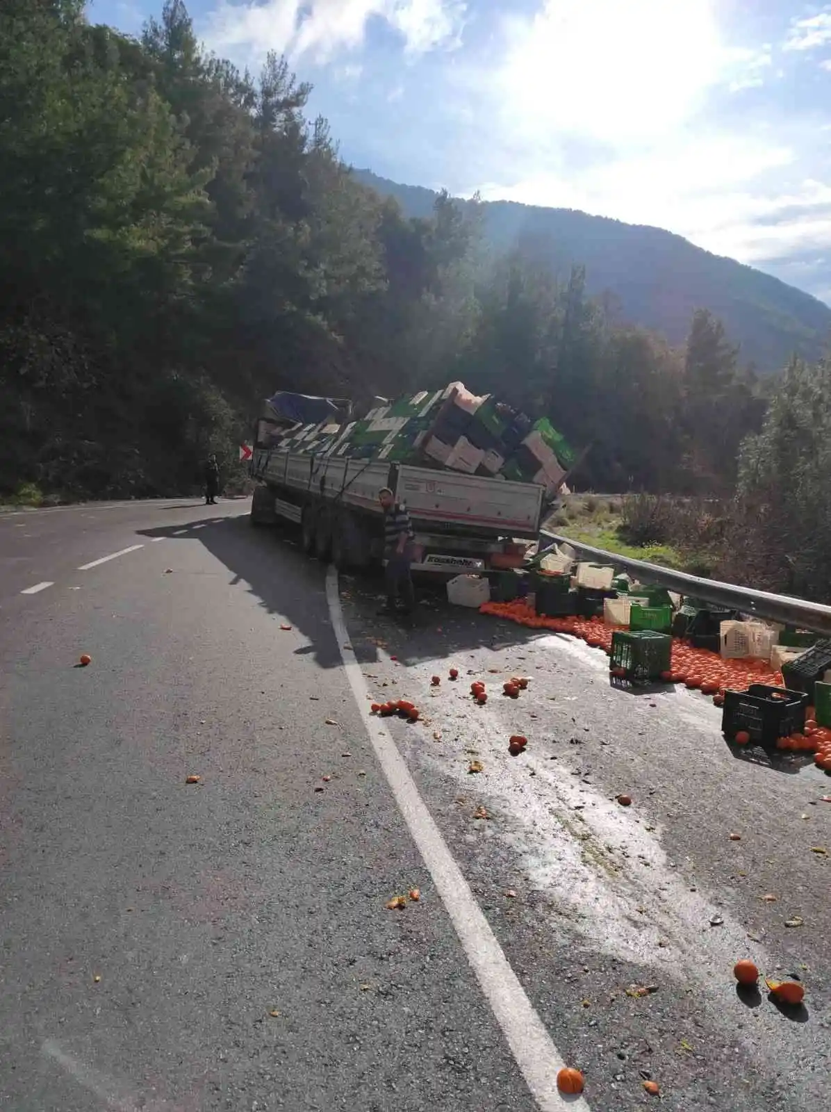 Viraja hızlı giren tırın dorsesinde yüklü bulunan portakallar yola savruldu
