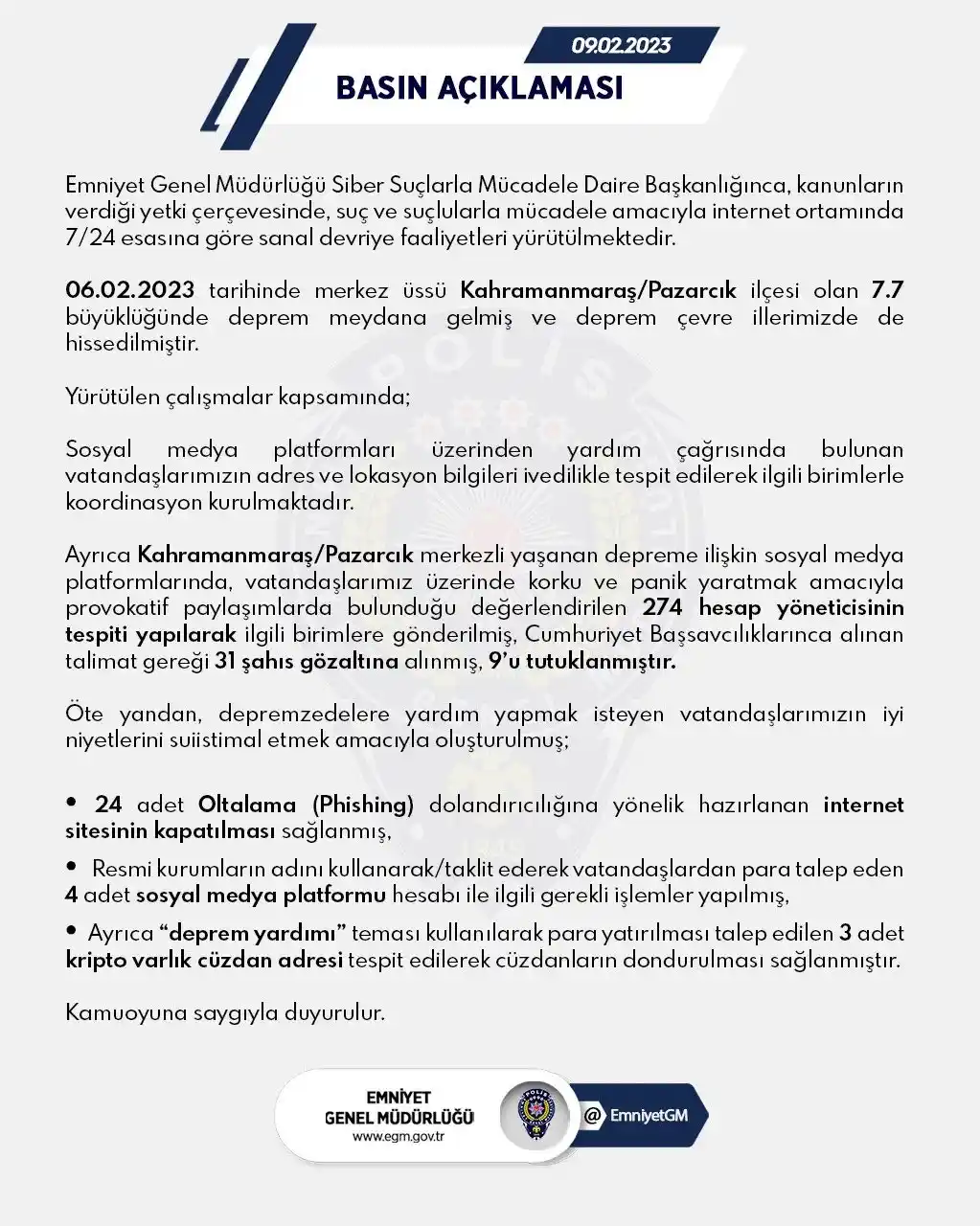 EGM deprem sonrası provokatif paylaşımlar için harekete geçti: 31 gözaltı