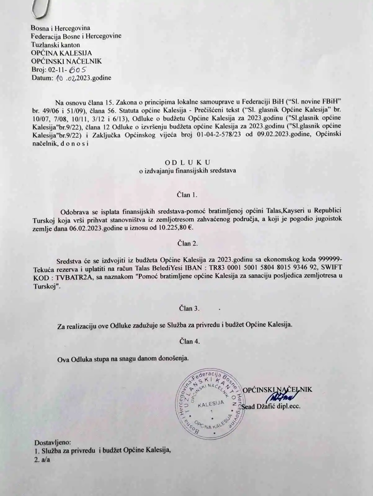 Kardeş Şehir ‘Kalesija’dan 10 bin Euroluk destek