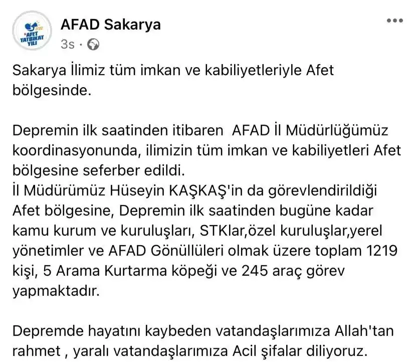 Sakarya'dan bin 219 kişi felaket bölgesinde görev yapıyor