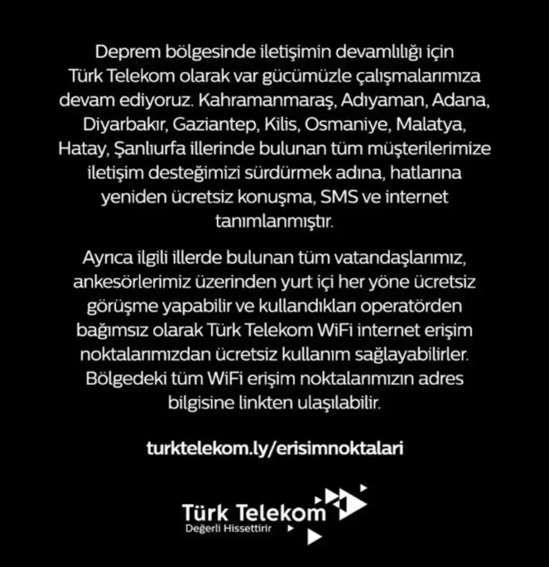 Türk Telekom'dan deprem bölgelerindeki ücretsiz iletişime ilişkin açıklama
