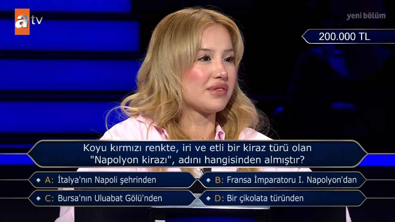Koyu kırmızı renkte, iri ve etli bir kiraz türü olan "Napolyon kirazı", adını hangisinden almıştır? Kim milyoner olmak ister yarışma