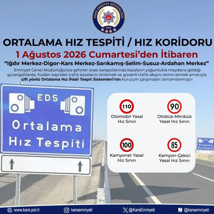 Kars'ta Ortalama Hız Dönemi Başlıyor: Sistem 1 Ağustos'ta Devreye Giriyor